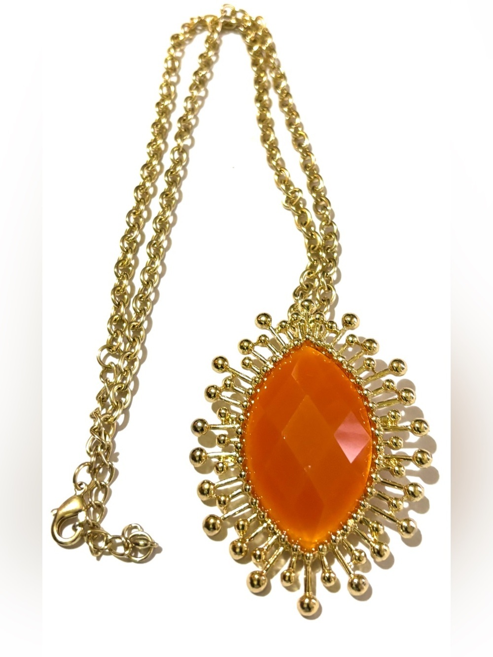 Fashion Jewelry Gold-Tone Necklace with Bright Orange Faceted Pendant